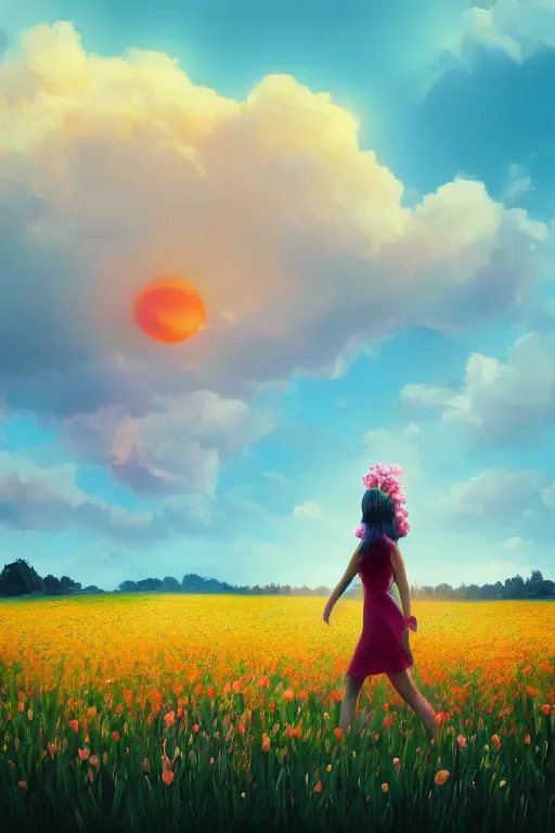 Image similar to giant flower head, girl walking in a flower field, surreal photography, sunrise, dramatic light, impressionist painting, colorful clouds, digital painting, artstation, simon stalenhag