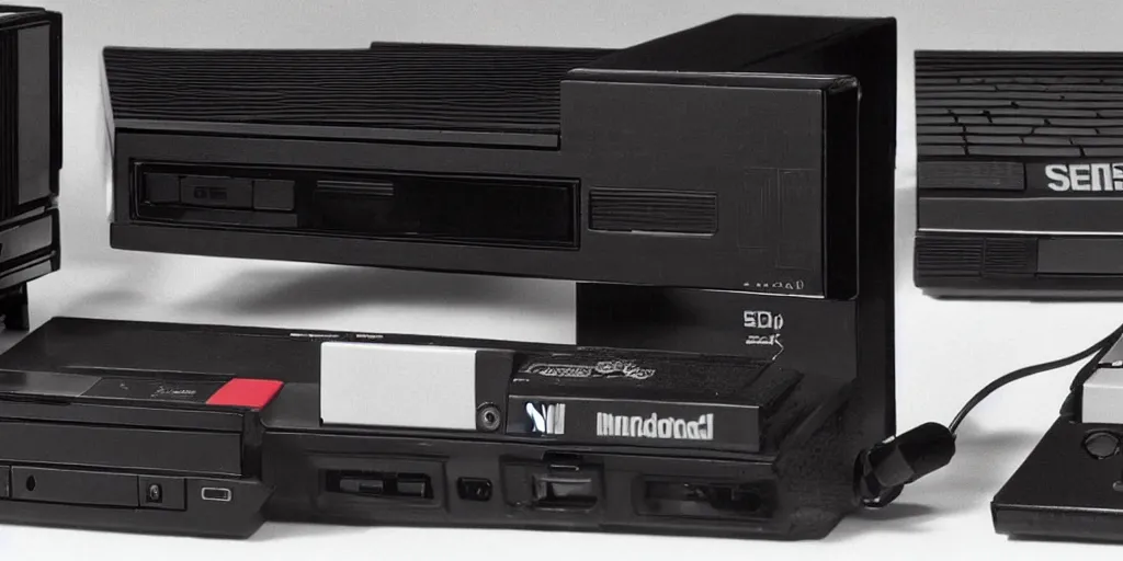 Prompt: An all-black Nintendo Entertainment System by Sega, 1990