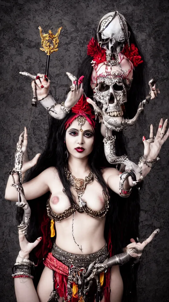 Prompt: hindu goddess of death, holding a skull on one hand and trident on another, posing for playboy photoshoot, studio lighting, cosplay