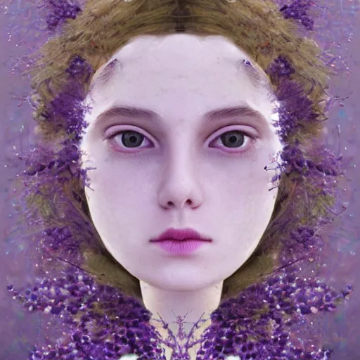 Prompt: a girl with three eyes : : on 5 translucent luminous spheres, full of floral and berry fillings, in an ocean of lavender color by rene margitte - n 9