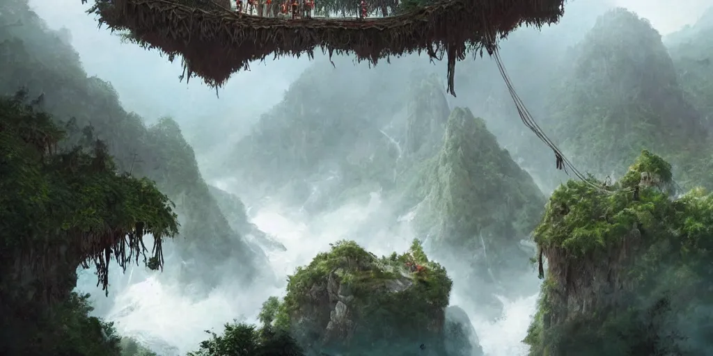 Prompt: an island of jungle cliffs with treehouses atop. tiered catwalks and rope bridges. foggy valley and mountains fading into the distance, at sunset. waterfalls. neverland. peter pan kids wearing war paint and headdresses, standing on the rope bridges. magic the gathering card art by greg rutkowski.