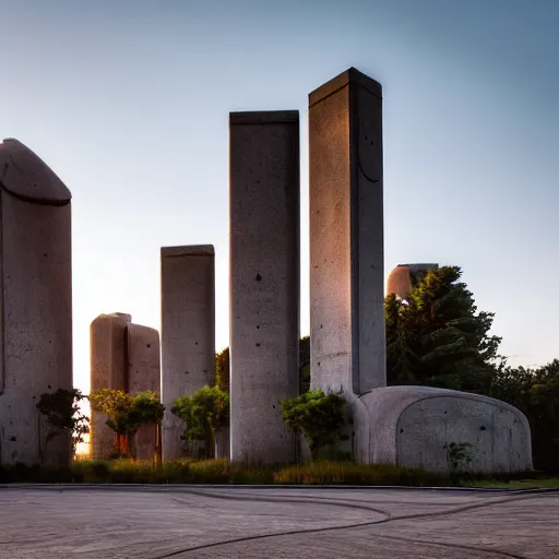 Prompt: a wide shot of a sci - fi beautiful brutalist monumental building, with many rounded elements sprouting from the base tower creating a feel of an organic structure, photography shot at golden hour