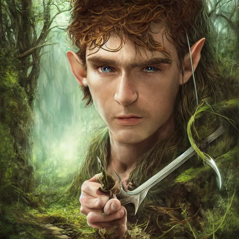 Prompt: forest elf with sword, stream, clouds, grass, forest, trees, facing the woods, lord of the rings style, fantasy, poster, character portrait, portrait, close up, concept art, intricate details, highly detailed, full body, 8 k, detailed face, body