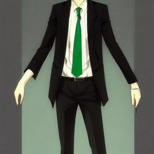 Image similar to full body portrait character concept art, anime key visual of decadent green long straight hair young anime male in black suit, green long straight hair and brown eyes, finely detailed perfect face studio lighting delicate features directed gaze, gapmoe kuudere grimdark, trending on pixiv fanbox, painted by greg rutkowski makoto shinkai takashi takeuchi studio ghibli