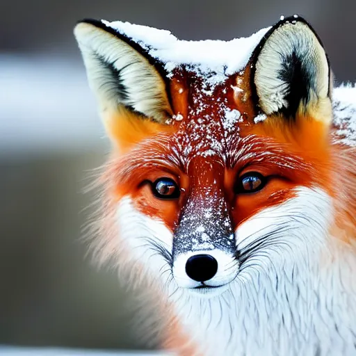 Image similar to Up close Photorealistic photograph of a cute fox in snow, photorealism, photorealistic, realism, real, highly detailed, ultra detailed, detailed, shutter speed 1/1000, Canon EOS 90D, up-close, Wildlife Photographer of the Year, Pulitzer Prize for Photography, 8k