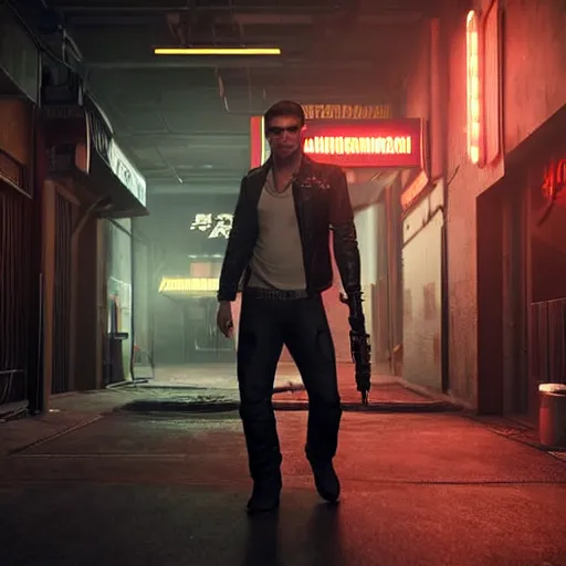 Image similar to a detailed full bodied 3 d render of an extremely handsome jensen ackles as the terminator walking down a dark alley in cyberpunk 2 0 7 7, holding two glowing winchester revolvers, volumetric lighting, octane render, 8 k, art by greg rutkowski and albert bierstadt and alphones mucha