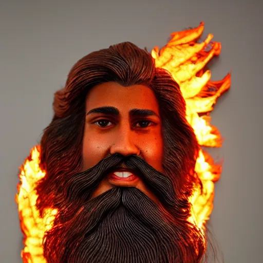 Image similar to a flawless, purely fire sculpture of a man with long hair, with trimmed beard, smiling widely. sculpture made of fire, extremely detailed, award-winning art, trending on Artstation