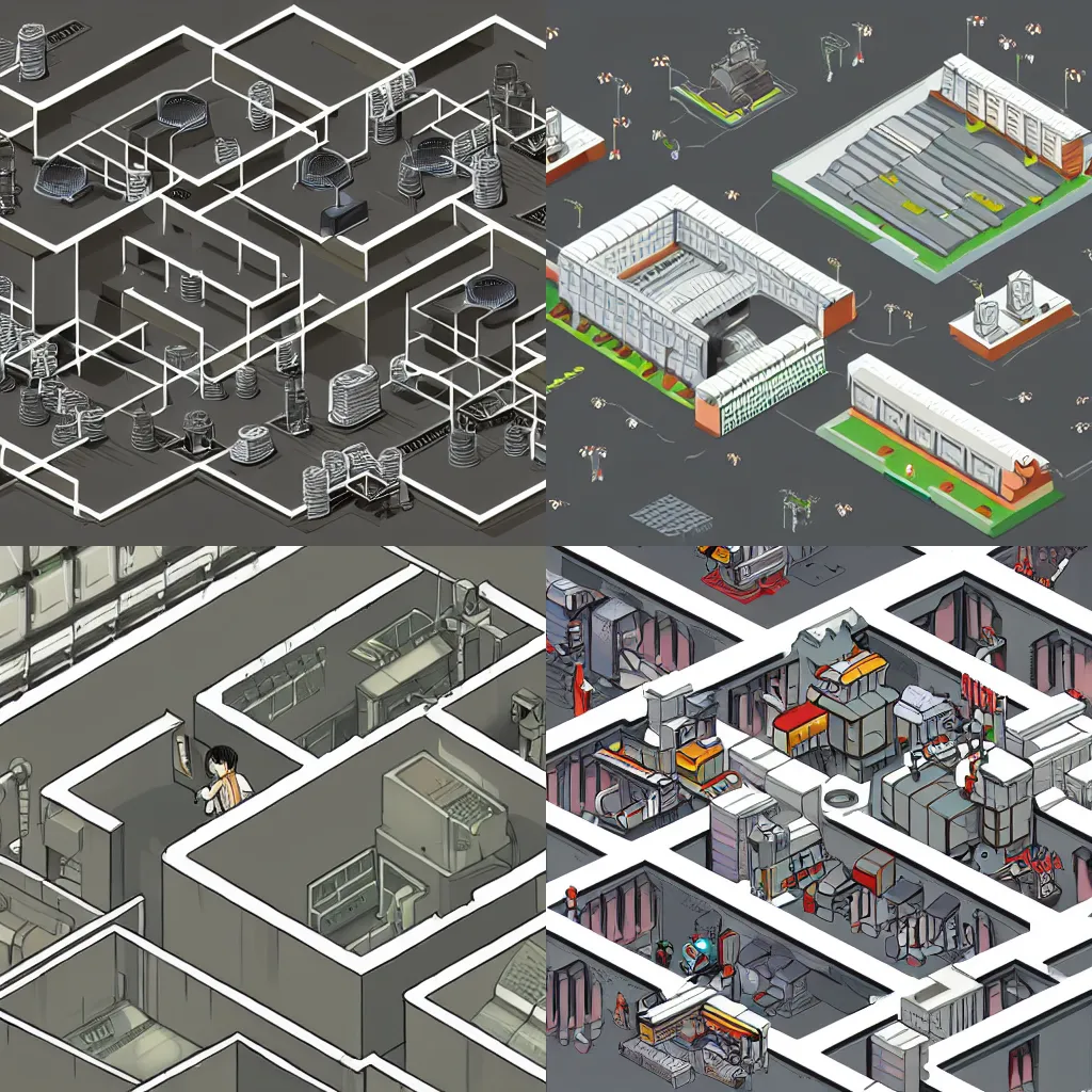 Prompt: isometric concept art of a futuristic factory, browns and whites, style of Satoshi Kon