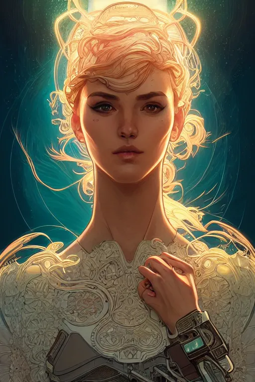 Prompt: beautiful female android!, half portrait, background explosion, intricate detailed environment, cell shaded, floro details, intricate, elegant, highly detailed, digital painting, artstation, concept art, smooth, sharp focus, illustration, art by artgerm and greg rutkowski and alphonse mucha, laurie greasley
