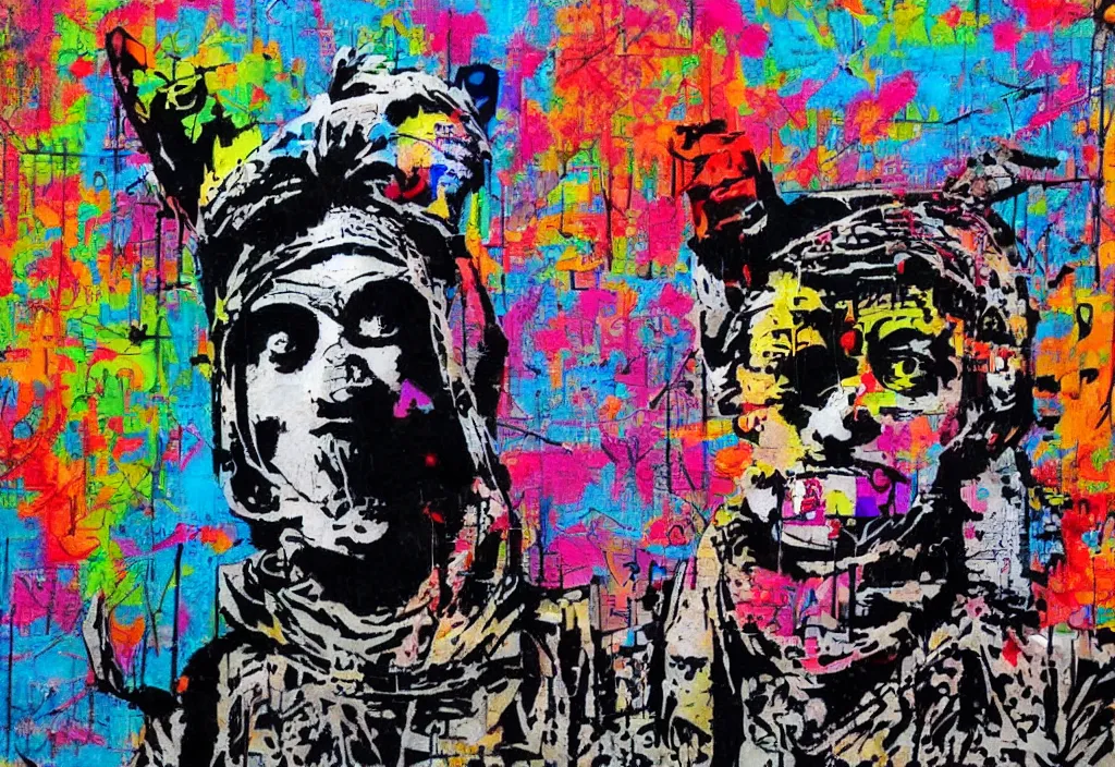 Image similar to full color banksy graffiti anti art, rage against the status quo, detailed, realistic, glitch art effect