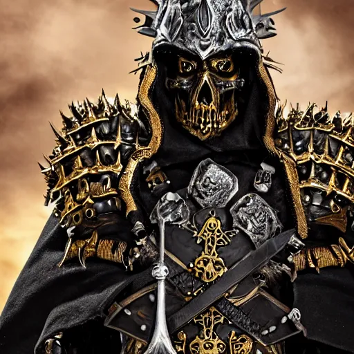 Image similar to lich king wearing black and gold armor with skulls and chains, holding a two handed sword with golden handle, wearing spiky helmet with mask