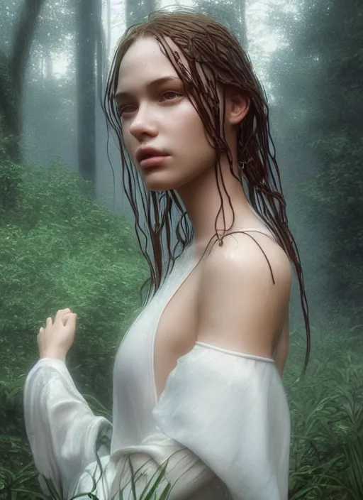 Image similar to young woman beautiful face : : wet hair and white dress : : raining forest nature : : weta disney pixar movie still photo : : decadent highly - detailed digital painting, full length shot, golden ratio, octane render, artstation, smooth, sharp focus, artgerm, mucha, loish, wlop, gogo