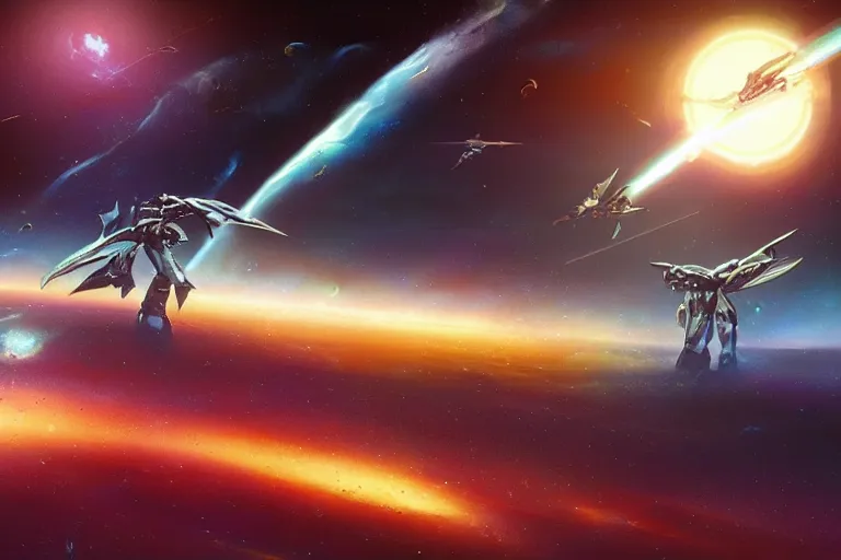 Prompt: a single of fighter mecha against a space backdrop, pterodactyl mecha, pteranadon styling, smooth, john berkey white plastic panels, robotech styling, luminous cockpit, running lights, kanji insignia and numbering, Raymond Swanland and Jessica Rossier nebula like clouds in space background near a ringed gas giant, distant explosions cinematic lighting, hyper detailed hyper detailed, 8k, ultra realistic, cinematic lighting, ultra wide 35mm lens, Boeing Concept Art, Lockheed concept art