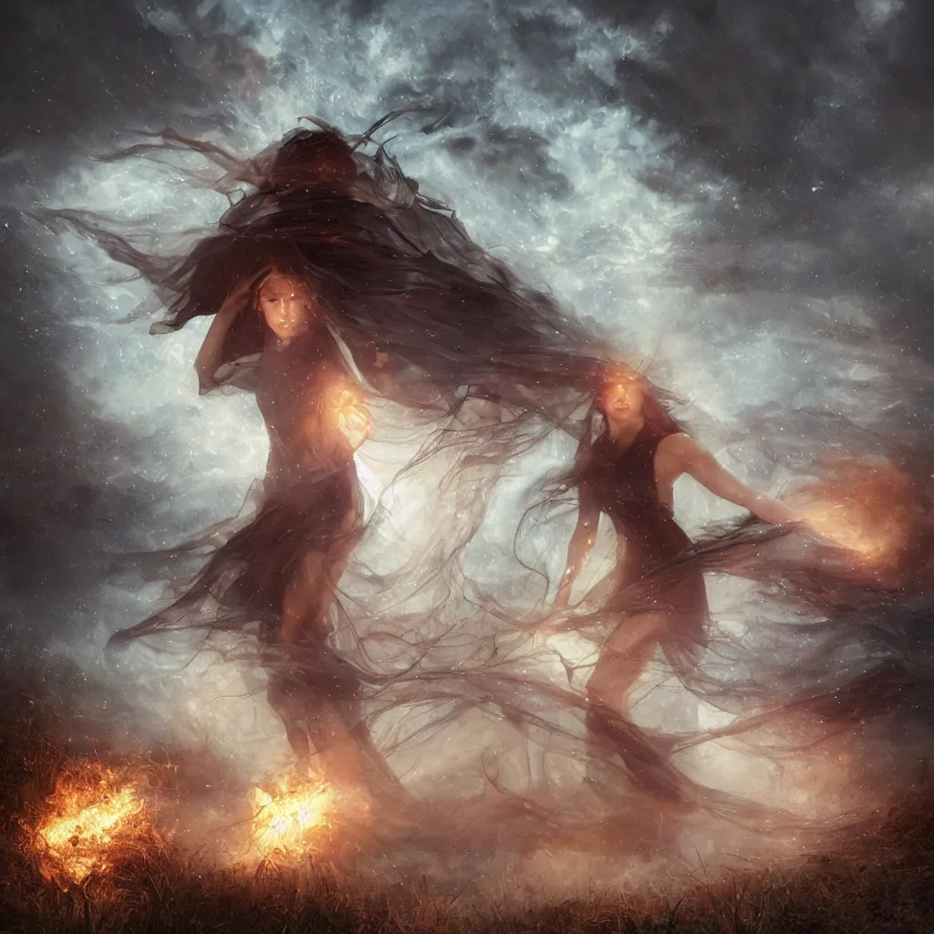 Image similar to dark towering magical firelightning storm, extreme drama, distant glowing figures, hdr, movie still, fully photorealistic, sharper luminescent focus, nd 6, art by john collier, albert aublet, krenz cushart, artem demura, alphonse mucha, diffuse lighting, artstation, smooth, textless, sharp focus,