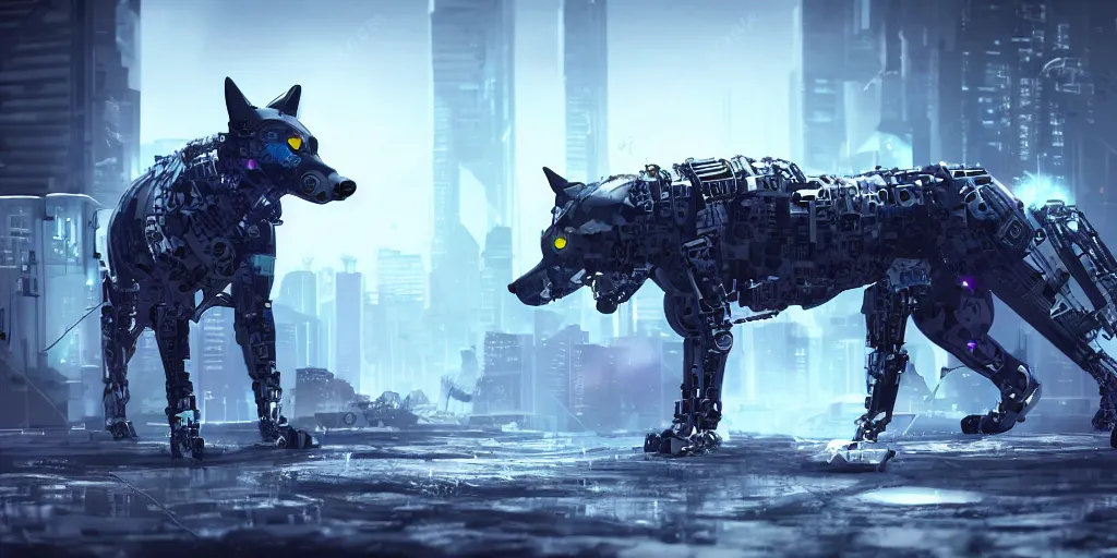 Image similar to Cyborg wolf with cyberpunk background, high detailed, octane, cinematic, 8k?