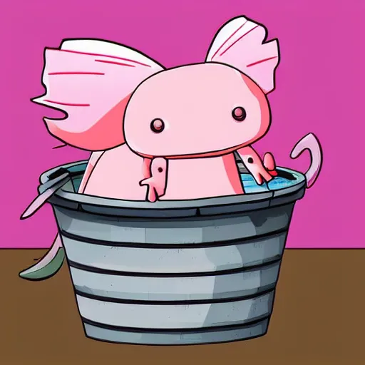 Prompt: pink axolotl in a bucket, cartoon, cute, trending on artstation, digital art