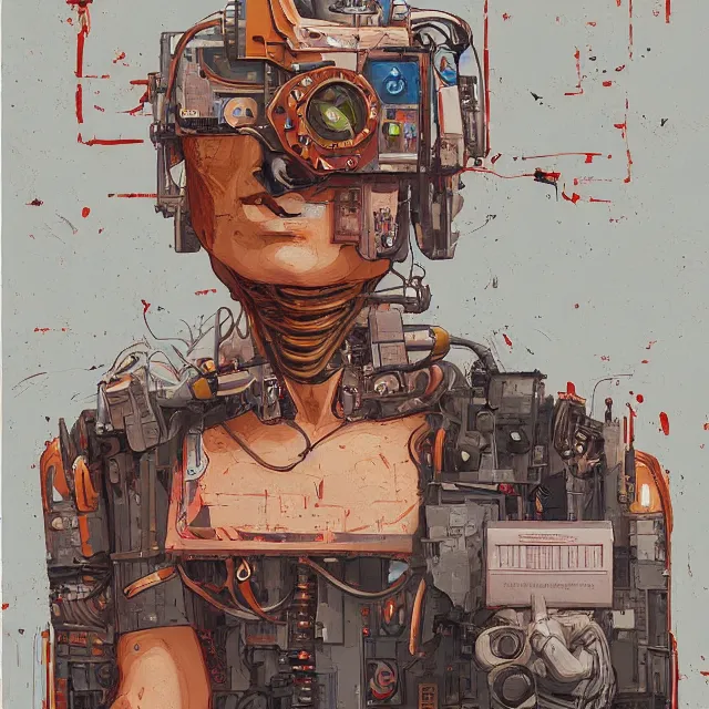 Image similar to robot artist painting a self - portrait on a canvas. intricate, highly detailed, digital matte painting, in the style of alexandros pyromallis, and in the style of sachin teng, and in the style of hans thoma, and in the style of phil jimenez. irony, recursion, inspiration.