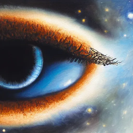 Prompt: a highly detailed photorealistic painting of a human eye reflecting the milky way galaxy