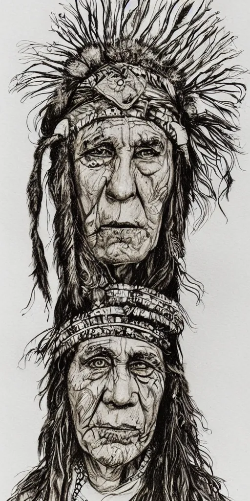 Prompt: a detailed loose wild messy ink sketch portrait of a Native American shaman in the style of Ralph Steadman, caricature, dramatic with sepia watercolor fill