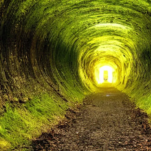 Prompt: a light at the end of a very long and narrow tunnel