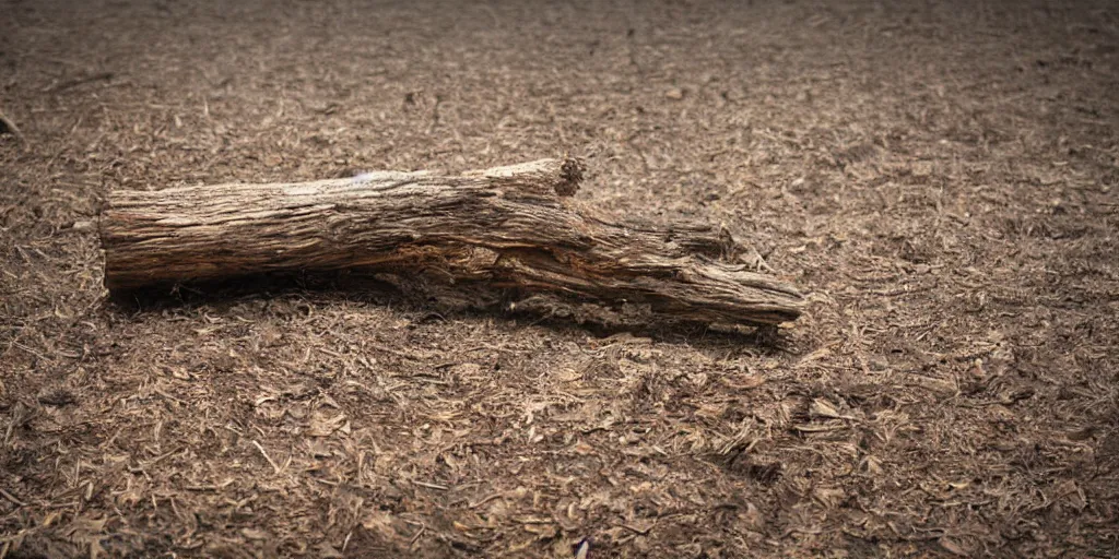 Image similar to ominous log of wood floating in a dusty scenery, dangerous aura, low angle shot