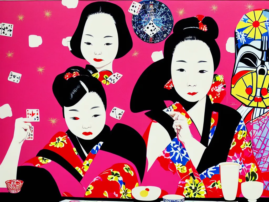 Image similar to hyperrealistic composition of the woman in a japanese kimono sitting at a poker table with darth vader, fireworks, mount fuji on the background, pop - art style, jacky tsai style, andy warhol style, acrylic on canvas