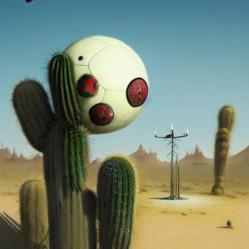 Image similar to magical soccer ball covered with eyes, with two antennas, in the desert next to a cactus, d & d, fantasy, greg rutkowski, frank frazetta, alexandre chaudret, boris vallejo, michael whelan, miro petrov, hr giger, magali villeneuve, donato giancola