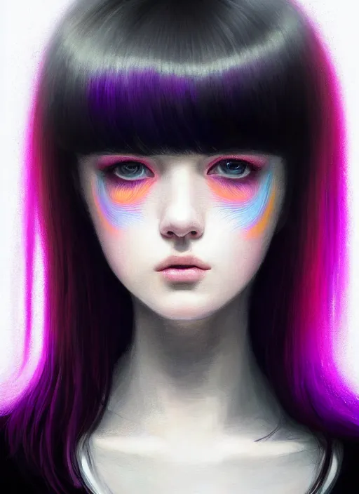 Image similar to portrait of teenage girl with white bangs, red irises, black hair, purple clothes, white bangs, bangs are different color from hair, intricate, front of hair is white rest is black, elegant, glowing lights, highly detailed, digital painting, artstation, concept art, smooth, sharp focus, illustration, art by wlop, mars ravelo and greg rutkowski