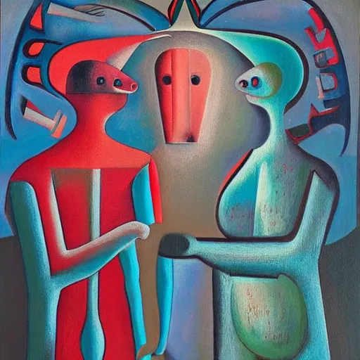 Image similar to Oil painting by Rufino Tamayo. Two mechanical gods with animal faces having a conversation. Oil painting by Lisa Yuskavage.