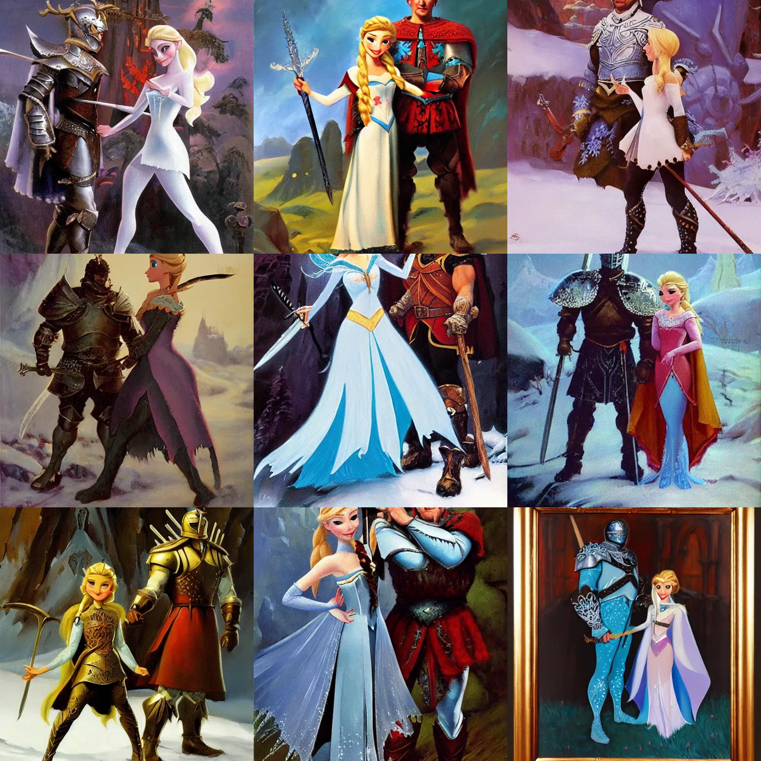 Prompt: princess elsa wearing armor and sword and olaf, oil painting, frank frazetta