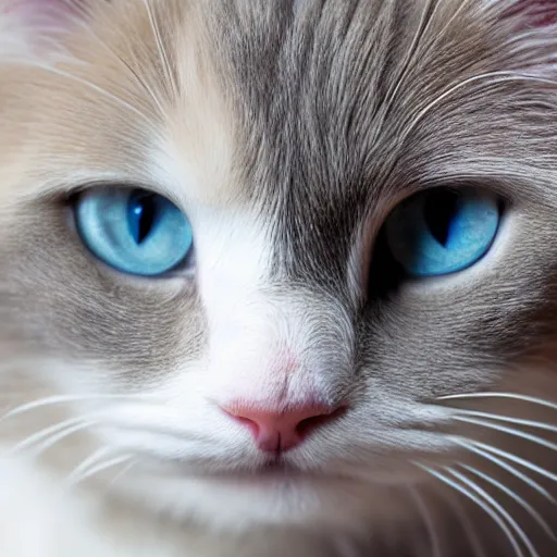 Prompt: cat closeup of nose, white ragdoll with full grey colouring and a thin white blaze down across the nose