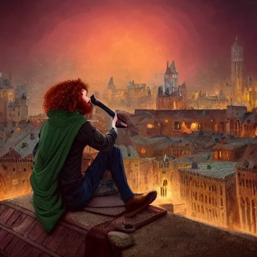 Prompt: a rugged man with curly red hair wearing a green cloak playing a guitar sitting on a roof top, medieval setting, entire city visible, zoomed out, night, atmospheric lighting, painted, intricate, volumetric lighting, beautiful, rich deep colours masterpiece, golden hour, digital art