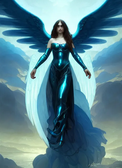 Image similar to a beautiful cinematic female archangel queen, fantasy sea landscape, fantasy magic, short aqua blue black fade hair, dark light night, intricate, elegant, sharp focus, illustration, highly detailed, digital painting, concept art, matte, art by WLOP and Artgerm and Greg Rutkowski and Alphonse Mucha, masterpiece