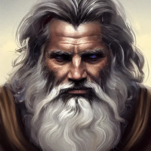 Image similar to painted portrait of rugged zeus, greek god, 4 0 years old, handsome, white hair, soft hair, upper body, muscular, hairy torso, fantasy, intricate, elegant, highly detailed, digital painting, artstation, concept art, smooth, sharp focus, illustration, art by greg rutkowski