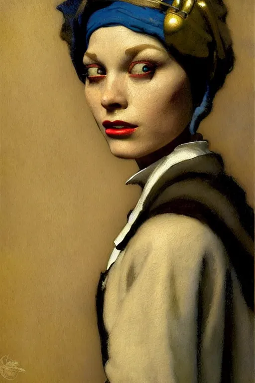 Image similar to full character portrait bioshock character not the girl with the pearl earring character design, painting by gaston bussiere, katsuya terada, nc wyeth, greg rutkowski, craig mullins, vermeer, frank frazetta, mucha, tom of finland, trending on artstation, jeffery catherine jones