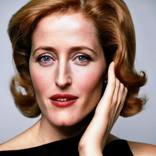 Prompt: photo of a gorgeous 40-year-old Gillian Anderson with a 1970s hairstyle by Mario Testino, detailed, head shot, award winning, Sony a7R -