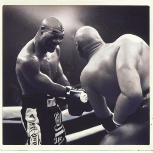 Prompt: polaroid image of mike tyson fighting an alien xenopmorph in a boxing ring