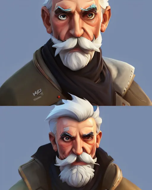 Image similar to overwatch concept art character portrait of a new character who is an elderly man with a scarred face and long mustache and eyepatch, trending on artstation, cgsociety,