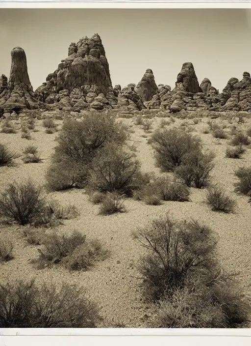 Prompt: Towering badland rock formations protruding out of lush desert vegetation, albumen silver print by Timothy H. O'Sullivan.