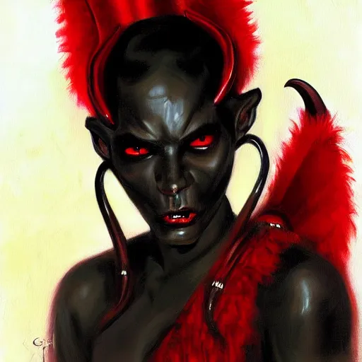 Prompt: painted portrait of an intimidating demon girl dressed in black, with ram horns and red skin. oil painting, fantasy art by greg retkowski and john singer sargent, character design