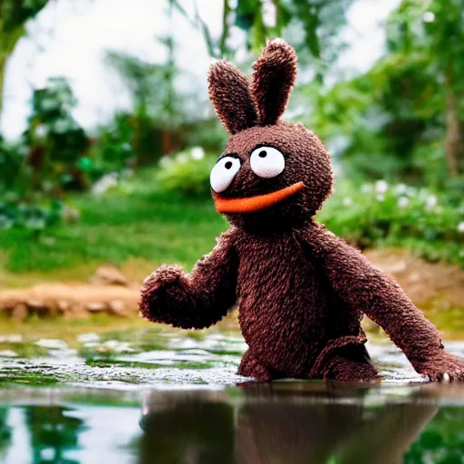 Image similar to a chocolate brown karate loving muppet bunny wearing cool ninja clothes and practicing her karate out in nature by a pond, photorealistic, photography, ambient occlusion, rtx, national geographic, sesame street