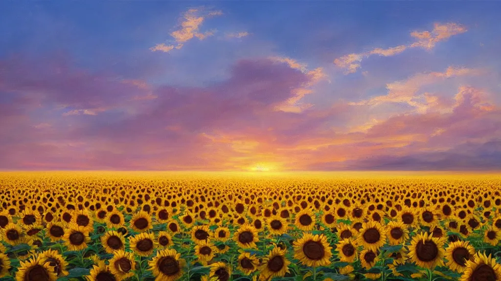 Prompt: beautiful stunning inspiring painting of a calm peaceful sunflower field landscape at sunrise, warm lighting, fantasy, concept art, unreal engine, hyperrealism, trending on artstation