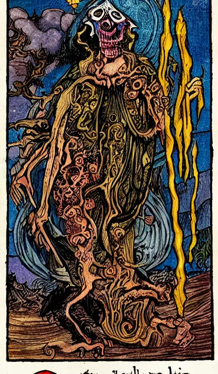 Image similar to full - color 1 5 0 0 s tarot - card illustrated in the style of clive barker depicting scenes of death and torment in the underworld. highly - detailed ; mystical ; horror.