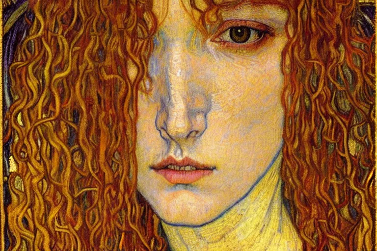 Image similar to detailed realistic beautiful young medieval queen face portrait by jean delville, gustav klimt and vincent van gogh, art nouveau, symbolist, visionary, gothic, pre - raphaelite, muted earthy colors, desaturated