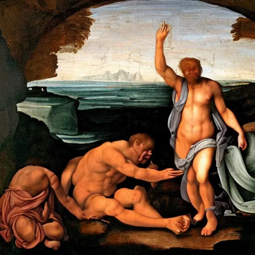 Prompt: renaissance painting of Polyphemus emerging from his cave