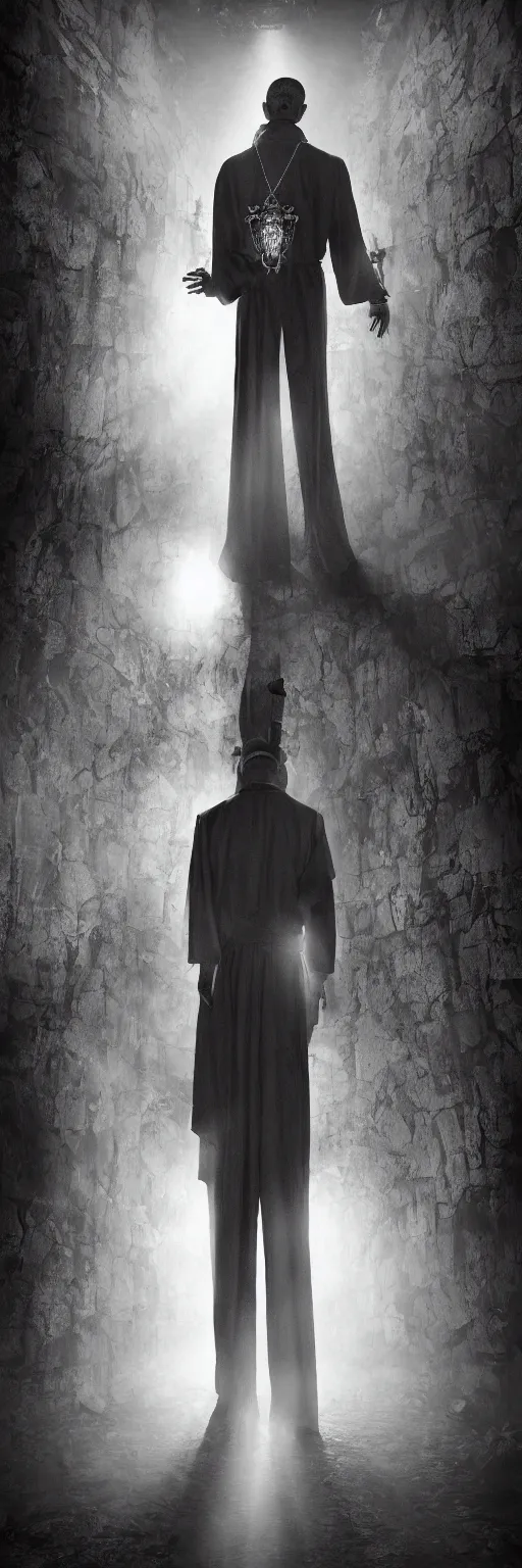 Image similar to a highly realistic and detailed full Priest standing in a dark dirty basement holding a rosary, wide angle 70mm lens, volumetric haze, front facing camera, symmetrical, photorealistic, insanely detailed and intricate, epic, hyper realistic, elegant, ornate, elite, horror, creepy, ominous, haunting, cinematic lighting, unreal engine, cinematic centered camera, high detail, no blur, unreal engine 8k