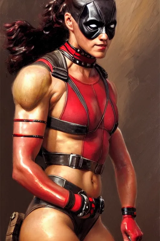 Prompt: muscular sweat girl wearing deadpool costume, covers with mud exhausted face close up, highly detailed painting by gaston bussiere, craig mullins, j. c. leyendecker 8 k