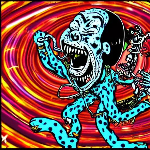 Image similar to todd mcfarlane art, psychedelic laughing demon, rocking out, headphones dj rave, digital artwork, r. crumb, svg vector
