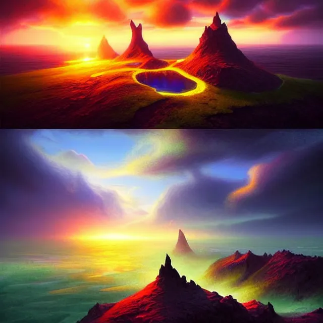 Image similar to fantasy aerial iceland landscape in the form of the human eye!!!!!, volumetric lighting, colorful, sharp and focus, ultra detailed, beautifully lit landscape, astrophotography, in the art style of dan mumford, ivan aivazovsky and marc simonetti