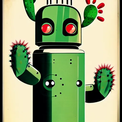 Prompt: 1950s retro cactus robot movie poster, without text. Bionic Arms and eyes. muted colours. by Jean-Baptiste Monge, wide shot
